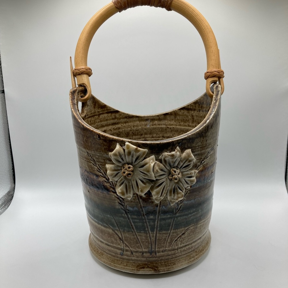 Vintage Teal/Tan/Blue Pottery Flower Pot with Bamboo Handle - Picture 3 of 10